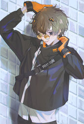  1boy absurdres alban_knox alban_knox_(1st_costume) arms_up black_bag black_gloves black_jacket black_pants blue_eyes brown_hair commentary cropped_jacket earrings english_commentary eyelashes film_grain glasses gloves highres jacket jewelry long_sleeves looking_at_viewer male_focus nijisanji nijisanji_en open_mouth orange_gloves outdoors pants parai0 shirt short_hair smile solo two-tone_gloves upper_body virtual_youtuber wall white_shirt 