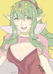  1girls bad_id bad_twitter_id cleavage dragon dress female fire_emblem fire_emblem_awakening fully_clothed green_eyes green_hair hair_ornament highres jivke large_breasts long_hair looking_at_viewer manakete nintendo no_bra older pink_legwear pointy_ears ponytail red_dress smile solo strapless strapless_dress tiki_(adult)_(fire_emblem) tiki_(fire_emblem) 