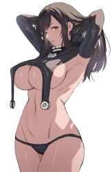  absurdres adjusting_hair arms_behind_head black_hair black_panties bottomless breasts elbow_gloves female gantz gantz_suit gloves hifumi_chiyoko highres large_breasts long_hair looking_at_viewer navel panties revealing_clothes shimohira_reika solo standing underboob underwear 