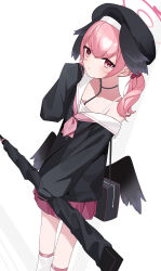  absurdres black_hat black_shirt blue_archive closed_mouth ehen_yyy female gun halo hand_up hat highres holding holding_gun holding_weapon kneehighs koharu_(blue_archive) long_hair looking_at_viewer low_wings miniskirt neckerchief pink_eyes pink_hair pink_neckerchief rifle sailor_collar shirt single_off_shoulder skirt sleeves_past_fingers sleeves_past_wrists socks solo weapon white_sailor_collar wings 