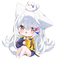  :d animal animal_ears animal_on_head bare_legs barefoot blue_jacket blush breasts brown_eyes chibi commentary_request double_v female full_body hair_between_eyes highres jacket kamioka_shun&#039;ya knees_up large_breasts long_hair long_sleeves looking_at_viewer on_head original puffy_long_sleeves puffy_sleeves shiori_(kamioka_shun&#039;ya) simple_background sitting sleeves_past_wrists smile solo tail v very_long_hair white_background white_hair 