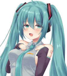  :d ahoge arm_tattoo bare_shoulders blush breast_suppress breasts collared_shirt commentary detached_sleeves eyelashes eyes_visible_through_hair female green_eyes green_hair grey_shirt hair_between_eyes hatsune_miku long_hair looking_at_viewer medium_breasts number_tattoo oerba_yun_fang open_mouth shirt sidelocks simple_background sleeveless sleeveless_shirt sleeves_past_wrists smile solo tattoo tsurime twintails upper_body very_long_hair vocaloid white_background wide_sleeves yuunagi_(yunagi1373) 