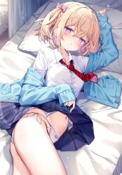  :o blonde_hair blue_cardigan blue_skirt blush bow breasts cardigan clothes_lift collared_shirt colored_inner_hair commentary_request cover cover_page cowboy_shot diagonal-striped_clothes diagonal-striped_necktie dress_shirt female hair_between_eyes hair_ornament hairbow hairclip heart heart-shaped_pupils highres kinokomushi lifting_own_clothes long_sleeves looking_at_viewer loose_necktie lying multicolored_hair navel necktie novel_cover novel_illustration off_shoulder official_art on_bed on_side one_side_up open_cardigan open_clothes original panties parted_lips pillow pink_bow pink_hair plaid_clothes plaid_skirt pleated_skirt purple_eyes red_necktie school_uniform shirt short_hair side-tie_panties skirt skirt_lift sleeves_past_wrists small_breasts solo string_panties striped_clothes symbol-shaped_pupils two-tone_hair underwear white_panties white_shirt 