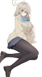  akane_(blue_archive) aqua_bow aqua_bowtie black_pantyhose black_skirt blue_archive bow bowtie breasts brown_cardigan brown_hair brown_halo cardigan commentary_request female glasses hair_between_eyes hair_ornament hair_scrunchie hakuhatsu halo highres large_breasts legs long_hair long_sleeves looking_at_viewer miniskirt pantyhose pleated_skirt scrunchie simple_background sitting skirt sleeves_past_fingers sleeves_past_wrists smile solo white_background yokozuwari 