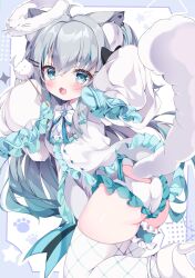  amaama_anochi animal_ear_fluff animal_ears arms_up ass blue_eyes blush cat_ears cat_girl cat_tail female frilled_leotard frills from_behind grey_hair hair_ornament hairclip high_heels highres leg_up leotard leotard_under_clothes long_hair looking_back open_mouth original shirt shoes sleeves_past_wrists smile solo standing standing_on_one_leg tail thighhighs thighs white_leotard white_shirt white_shoes white_thighhighs 