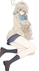  akane_(blue_archive) aqua_bow aqua_bowtie black_skirt black_socks blue_archive bow bowtie breasts brown_cardigan brown_hair brown_halo cardigan commentary_request female glasses hair_between_eyes hair_ornament hair_scrunchie hakuhatsu halo highres large_breasts legs long_hair long_sleeves looking_at_viewer miniskirt pleated_skirt scrunchie simple_background sitting skirt sleeves_past_fingers sleeves_past_wrists smile socks solo white_background yokozuwari 