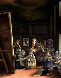  6+girls all_fours angry apron ascot bare_shoulders barefoot beret black_bow black_dress black_hair black_hood black_vest black_wings blonde_hair blue_ascot blue_dress blue_eyes blue_hair blue_ribbon blue_skirt boots bow braid brown_boots canvas_(object) cirno closed_eyes closed_mouth collar crescent crystal_wings cup daiyousei dark_background detached_wings door dress drinking_glass drinking_straw embodiment_of_scarlet_devil erhu fangs flandre_scarlet flower frilled_dress frilled_sleeves frills green_bow green_dress green_hair green_hat grey_hair hair_tubes hakurei_reimu hat hat_ornament head_wings highres holding holding_paint_palette holding_paintbrush hong_meiling ice ice_wings izayoi_sakuya kicking kirisame_marisa kneeling koakuma las_meninas long_hair long_sleeves maid maid_apron maid_headdress medium_hair mob_cap multicolored_wings multiple_girls nose_bubble on_floor open_door open_mouth own_hands_together paint_palette paintbrush painting_(action) painting_(object) patchouli_knowledge picture_frame pink_dress ponytail purple_bow purple_dress purple_eyes purple_hair purple_hat red_bow red_carpet red_dress red_eyes red_flower red_hair red_ribbon red_rose red_shirt remilia_scarlet ribbon rose rumia satsuki_rin shirt single_braid skirt sleeping smile standing star_(symbol) star_hat_ornament tongue touhou tray twin_braids umaieokakitai veins vest white_apron white_bow white_collar white_dress white_hat white_sleeves wine_glass wings witch_hat yellow_bow 