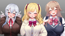  3girls ahoge artist_logo blonde_hair blue_sweater_vest bow bowtie breasts brown_cardigan brown_hair cardigan closed_eyes collared_shirt commentary_request diagonal-striped_bow diagonal-striped_bowtie diagonal-striped_clothes dot_nose double-parted_bangs dress_shirt festa11307070 fingernails furen_e_lustario gloves gradient_background grey_background grey_hair hair_between_eyes hair_intakes hair_ornament hair_over_shoulder hair_ribbon hairclip hakase_fuyuki hand_up hands_up huge_breasts index_fingers_raised logo long_bangs long_hair low_twintails multiple_girls neck_ribbon nijisanji open_mouth red_bow red_bowtie red_ribbon ribbon shirt sleeves_past_wrists smile striped_clothes sweater_vest takamiya_rion trinity_(nijisanji) twintails two_side_up upper_body variant_set white_gloves white_shirt wing_collar 