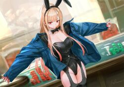  animal_ear_hairband animal_ears black_bow black_bowtie black_leotard black_thighhighs blonde_hair blue_jacket blush bow bowtie breasts casino cleavage cowboy_shot detached_collar dutch_angle fake_animal_ears female gradient_hair grin hairband highleg highleg_leotard highres indoors infukun jacket kitagawa_marin large_breasts leotard long_hair long_sleeves looking_at_viewer multicolored_hair nail_polish open_clothes open_jacket outstretched_arms pink_hair playboy_bunny poker_chip rabbit_ear_hairband rabbit_ears red_eyes red_nails roulette_table signature sleeves_past_wrists smile solo sono_bisque_doll_wa_koi_wo_suru spread_arms standing strapless strapless_leotard table thighhighs two-tone_hair very_long_fingernails very_long_hair 