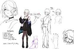  alternate_costume black_dress black_leggings bob_cut dress female hair_over_one_eye jacket jacket_partially_removed leggings medium_hair multiple_views neck_ribbon original red_eyes reference_sheet ribbon short_dress sketch_inset smile white_hair yoimon 
