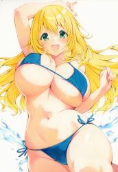  :d arm_up atago_(kancolle) bikini blonde_hair blue_bikini blue_eyes bouncing_breasts breasts cleavage clenched_hand commentary_request curvy female green_eyes hair_between_eyes kantai_collection large_breasts long_hair looking_at_viewer marker_(medium) navel open_mouth simple_background smile solo swimsuit thighs thingtng_(sgma7424) traditional_media water white_background 