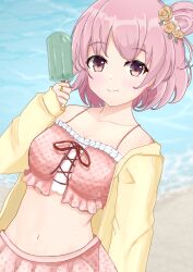  arm_behind_back assault_lily bare_shoulders beach bikini bikini_skirt blurry blurry_background blush breasts cleavage closed_mouth collarbone commentary cross-laced_bikini cross-laced_clothes day ekakisyun female flower food frilled_bikini frills groin hair_bun hair_flower hair_ornament hand_up highres hitotsuyanagi_riri holding holding_food holding_popsicle jacket jewelry long_sleeves looking_at_viewer medium_breasts navel off_shoulder official_alternate_costume official_alternate_hairstyle open_clothes open_jacket orange_flower orange_rose outdoors pink_bikini pink_eyes pink_hair polka_dot polka_dot_bikini popsicle ring rose short_hair single_hair_bun single_side_bun sleeves_past_wrists smile solo standing stomach sweat swimsuit swimsuit_cover-up upper_body water yellow_jacket 