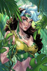  brown_hair day female green_eyes green_shirt highres j._scott_campbell jewelry jungle leaf long_hair looking_at_viewer marvel multicolored_hair nature necklace outdoors rogue_(x-men) shirt solo tooth_necklace torn_clothes torn_shirt two-tone_hair upper_body white_hair x-men yellow_shirt 