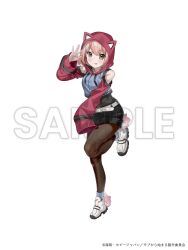  absurdres almic animal_hood arm_up bare_shoulders belt blue_socks blush bob_cut breasts brown_eyes cat_hood closed_mouth female full_body hair_between_eyes highres hood hooded_jacket hoodie jacket licking_lips long_sleeves looking_at_viewer mob_kara_hajimaru_tansaku_eiyuutan moriyama_miku open_hand palms pink_hair sample_watermark shoes short_hair short_shorts shorts simple_background sleeves_past_wrists smile socks solo spread_fingers thighhighs tongue tongue_out watermark white_background white_belt white_shoes 