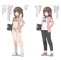  bikini black_pants breasts brown_eyes brown_hair brown_shoes clipboard female green_bikini hand_on_own_hip hatsunatsu jacket long_hair long_sleeves looking_at_viewer multiple_views no_socks open_clothes open_jacket original pants parted_lips pink_jacket shadow shoes shrug_(clothing) simple_background sleeves_past_wrists small_breasts small_sweatdrop standing sweat swimsuit translation_request twintails white_background white_bikini white_shoes 