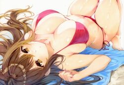  bare_arms barefoot beach_towel bikini breasts brown_eyes brown_hair cleavage collarbone commentary_request curvy feet female hair_between_eyes large_breasts long_hair looking_at_viewer lying marker_(medium) navel on_back original parted_lips red_bikini side-tie_bikini_bottom sidelocks skindentation solo swimsuit thighs thingtng_(sgma7424) toes towel traditional_media 