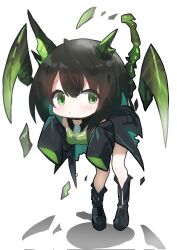  aqua_hair arknights bent_over black_boots black_hair black_jacket blush_stickers boots breasts chibi chibi_only closed_mouth colored_inner_hair corrupted_twitter_file female full_body green_eyes highres hoshikawayoyami jacket knee_boots mon3tr_(arknights) multicolored_hair short_hair simple_background sleeves_past_fingers sleeves_past_wrists solo standing white_background 