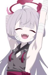  :d ^_^ absurdres arm_behind_head armpits arms_up bandaged_arm bandages bare_shoulders bell black_kimono blue_archive blunt_bangs breasts c-r-carlos cleavage_cutout closed_eyes clothing_cutout commentary facing_viewer female gauze gauze_on_cheek grey_hair halo highres holding_own_arm japanese_clothes jingle_bell kimono long_hair open_mouth pink_halo pointy_ears red_sash sash shuro_(blue_archive) sideboob sideless_kimono sideless_outfit sidelocks simple_background small_breasts smile solo symbol-only_commentary teeth upper_body upper_teeth_only white_background 