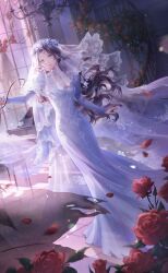  artist_request black_hair blue_eyes blue_flower blue_rose breasts bride castle celina_(shining_nikki) chandelier choker circlet cleavage dappled_sunlight dress eyelashes female floating_clothes floating_hair floral_print flower full_body game_cg grand_piano head_wreath highres indoors instrument juliet_sleeves lace lace-trimmed_veil lace_choker lace_trim light_particles light_rays lipstick long_dress long_hair long_sleeves looking_ahead makeup moonlight_vow_(shining_nikki) nikki_(series) official_art outstretched_hand parted_lips petals piano pink_lips puffy_sleeves purple_sky red_flower red_rose rose rose_petals see-through_clothes see-through_veil shining_nikki sky sleeves_past_wrists solo stairs standing stool sunlight sunset tile_floor tiles veil very_long_hair vest wavy_hair wedding_dress white_choker white_dress white_vest wind window 