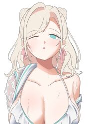  absurdres bikini blush breasts caricariume ceras_yanagida_lilienfeld cleavage collarbone commentary_request cone_hair_bun day double_bun dress female frilled_bikini frills grey_hair hair_bun hasu_no_sora_school_uniform highres i_do_me!_(love_live!) large_breasts link!_like!_love_live! looking_at_viewer love_live! official_alternate_hairstyle one_eye_closed open_clothes open_dress open_mouth school_uniform simple_background single_bare_shoulder single_off_shoulder sky solo string_bikini summer_uniform swimsuit unfinished upper_body virtual_youtuber wet white_background white_bikini white_dress 