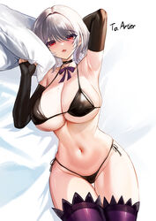  absurdres arm_behind_head arm_up armpits artier&#039;s_character bare_shoulders bed_sheet bikini black_bikini black_choker black_gloves bow bowtie breasts choker cleavage collarbone commentary commission covered_nipples elbow_gloves female fingerless_gloves gloves halterneck hand_up highres korean_commentary large_breasts looking_at_viewer lying mole mole_on_breast mole_under_eye navel on_back open_mouth original pillow pixiv_commission purple_thighhighs red_eyes semicolon9991 short_hair side-tie_bikini_bottom skindentation solo stomach string_bikini swimsuit thigh_gap thighhighs thighs white_hair 