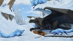  2019 absurd_res black_hair blue_body blue_fur claws digital_media_(artwork) dragon european_mythology feral fur grey_body grey_scales group hair hi_res horn keltaan membrane_(anatomy) membranous_wings mythological_creature mythological_scalie mythology scales scalie smile snow tail western_dragon wings 