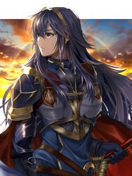  armor belt blue_armor blue_eyes blue_gloves blue_hair breastplate cape delsaber falchion_(fire_emblem) female fire_emblem fire_emblem_awakening fire_emblem_heroes gloves highres long_hair looking_to_the_side lucina_(fire_emblem) lucina_(glorious_archer)_(fire_emblem) red_cape shoulder_armor sunrise 