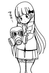  blush bow commentary_request coronavirus_pandemic drill_hair female finger_to_own_chin garter_straps gas_mask greyscale hairbow high_contrast highres hitoribocchi_no_marumaru_seikatsu holding jacket katsuwo_(cr66g) long_hair looking_at_object mask monochrome ojousa_mayo school_uniform simple_background skirt solo standing thighhighs thinking twin_drills very_long_hair white_background 