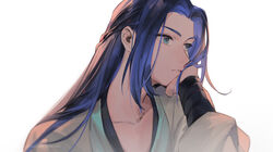  1boy aqua_eyes bean_mr12 blue_hair expressionless hand_up long_hair luo_xiaohei_zhanji male_focus simple_background solo upper_body web_address white_background wuxian_(the_legend_of_luoxiaohei) 