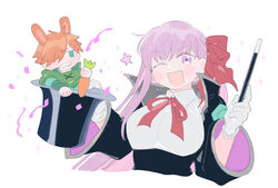  1boy ;d animal_ears bb_(fate) black_coat breasts cape coat cropped_torso fate/grand_order fate_(series) female gloves green_cape green_eyes grimace happy hat holding holding_wand kemonomimi_mode large_breasts long_hair looking_at_viewer magician mini_person miniboy one_eye_closed oneroom-disco open_mouth orange_hair purple_eyes rabbit_ears red_ribbon ribbon robin_hood_(fate) shirt simple_background smile star_(symbol) top_hat upper_body wand white_background white_gloves white_shirt 