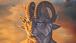  2019 blue_eyes bovid caprine cheek_tuft curved_horn digital_media_(artwork) ear_tuft facial_tuft felid feline feral fur grey_body grey_fur headshot_portrait horn hybrid katie_hofgard lynx mammal multi_ear outside portrait sky smile solo sunset tuft whiskers 