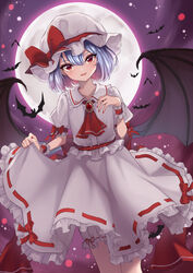  absurdres bat_(animal) bat_wings blue_hair bonnet dress female hako_momiji hat hat_ribbon highres looking_at_viewer mob_cap moon red_background red_ribbon remilia_scarlet ribbon touhou white_dress wings 