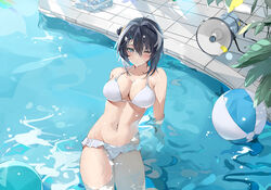  ahoge arknights ball beachball bikini black_hair blue_eyes blush breasts cleavage cowboy_shot female hair_between_eyes hair_ornament highres la_pluma_(arknights) la_pluma_(summer_flowers)_(arknights) large_breasts looking_at_viewer megaphone navel nayuko_(wuyou_nayuko) official_alternate_costume plant pool short_hair solo stomach swimsuit thighs water wet white_bikini 