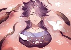  1boy bean_mr12 bird closed_eyes fengxi_(the_legend_of_luoxiaohei) flower hair_over_one_eye long_hair luo_xiaohei_zhanji male_focus parted_lips petals pointy_ears purple_hair solo torn_clothes upper_body white_bird 