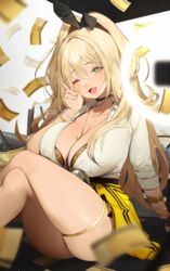  ;d amesuku_gyaru animal_print artist_name black_choker blonde_hair bra bra_peek bracelet breasts choker cleavage collarbone commentary crossed_legs female glint goddess_of_victory:_nikke gold_nails green_eyes gyaru hair_between_eyes hair_ornament hairclip highres jewelry kogal large_breasts leopard_print long_hair looking_at_viewer microskirt multiple_bracelets nail_polish necklace oerba_yun_fang one_eye_closed open_mouth pleated_skirt print_bra rupee_(nikke) sitting skirt smile solo terupancake twitter_username underwear v 