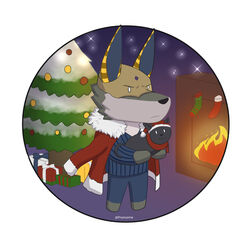  1:1 2022 absurd_res anthro anubian_jackal artist_name biped black_nose canid canine canis chibi christmas christmas_tree clothed clothing coat coat_cape dislyte domestic_cat duo felid feline felis feral full-length_portrait fur grey_body grey_fur hi_res holidays jackal lifted lilith_games male mammal mask pinpinavine plant portrait sander_(dislyte) simple_eyes standing suit topwear tree 