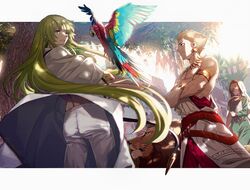  1boy 1other alternate_costume androgynous animal animal_ears animal_on_arm aora arabian_clothes bad_id bad_twitter_id bird bird_on_arm blonde_hair bracelet brown_hair closed_eyes cowboy_shot crossed_arms day dress earrings enkidu_(fate) fate/grand_order fate/strange_fake fate/zero fate_(series) female gilgamesh_(fate) green_dress green_eyes green_hair hair_between_eyes holding hood jewelry lion_ears long_hair macaw male_focus mouth_veil necklace parrot red_eyes robe scarlet_macaw siduri_(fate) smile toned toned_male tree veil very_long_hair 