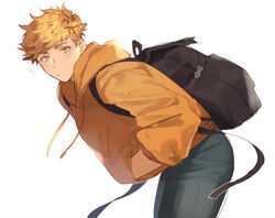  1boy ? backpack bag blonde_hair blush gradient_clothes gradient_hair granblue_fantasy green_eyes hands_in_pockets higashigunkan hood hood_down hoodie leaning_forward long_sleeves looking_at_viewer male_focus multicolored_hair orange_hoodie pants short_hair solo thighs vane_(granblue_fantasy) white_background 