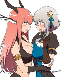  2girls annis_bainstai blush breast_press breasts chaos_(dungeon_and_fighter) dungeon_and_fighter gloves grey_hair hair_ornament hand_on_own_hip head_wings highres knight_(dungeon_and_fighter) long_hair multiple_girls open_mouth parted_lips pink_hair symmetrical_docking usamero wings yellow_eyes yuri 