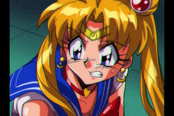  1990s_(style) araizumi_rui_(style) bishoujo_senshi_sailor_moon bishoujo_senshi_sailor_moon_s blonde_hair blue_eyes clenched_teeth derivative_work earrings female film_grain hair_over_shoulder jewelry long_hair magical_girl meme parody potiri02 retro_artstyle sailor_moon sailor_moon_redraw_challenge_(meme) sailor_senshi_uniform screenshot_redraw solo style_parody teeth tsukino_usagi twintails upper_body 