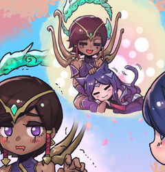  2girls :3 :d animal_ears bare_shoulders blush brown_hair cat_ears cat_tail commentary covered_collarbone dark-skinned_female dark_skin detached_sleeves drooling irelia karma_(league_of_legends) kemonomimi_mode league_of_legends looking_at_another lying multiple_girls multiple_views on_lap open_mouth outdoors phantom_ix_row pink_eyes smile symbol-only_commentary tail thought_bubble tree 