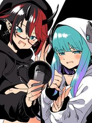  2girls black_hair black_headwear black_hoodie black_horns blue_eyes blue_hair blunt_bangs blush breasts commentary_request cropped_hoodie cross cross_earrings demon_girl demon_horns ear_piercing earrings gradient_hair highres holding holding_microphone hood hood_up hoodie horns indie_virtual_youtuber jewelry long_sleeves looking_at_viewer microphone multicolored_hair multiple_girls nanashi_inc. nantyu-a open_mouth piercing pointy_ears purple_hair red-framed_eyewear red_hair ryugasaki_rene semi-rimless_eyewear short_hair somunia studio_microphone sugar_lyric two-tone_hair under-rim_eyewear underboob virtual_youtuber white_hoodie 