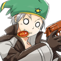  1boy brown_coat brown_gloves clenched_teeth coat coin commentary_request gloves green_headwear grey_coat grey_hair gun gunslinger_(ragnarok_online) handgun hexagram holding holding_gun holding_weapon looking_at_viewer male_focus mouth_hold multicolored_coat natsuya_(kuttuki) o_o ragnarok_online revolver short_hair simple_background solo teeth two-tone_coat upper_body weapon white_background 