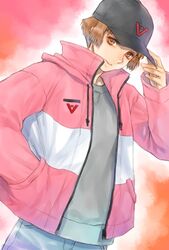  alternate_costume baseball_cap black_hat brown_eyes brown_hair contemporary denim female grey_sweater gundam hand_in_pocket hand_on_headwear hat highres jacket jeans looking_at_viewer pants pink_jacket short_hair smile sochie_heim solo sweater takeda_yuuko turn_a_gundam 