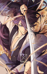  1boy action bean_mr12 fengxi_(the_legend_of_luoxiaohei) hair_over_one_eye highres holding holding_sword holding_weapon long_hair long_sleeves luo_xiaohei_zhanji male_focus purple_eyes purple_hair shadow signature solo sword upper_body very_long_hair weapon 