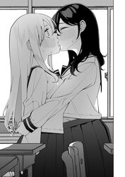  2girls blush breasts byte_(allbyte) chair closed_eyes commentary_request desk ear_blush food from_side greyscale highres hug indoors kissing long_hair monochrome multiple_girls original pleated_skirt school_desk school_uniform serafuku sidelocks sitting skirt standing sweat sweatdrop wide-eyed window yuri 