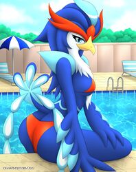  absurd_res anthro ass avian beach_chair beak big_butt bikini blue_body blue_eyes breasts butt_cleavage clothing diamondstorm feathers female generation_9_pokemon hi_res looking_at_viewer nintendo outside plant pokemon pokemon_(species) pool poolside public_pool quaquaval raised_tail sitting solo swimming_pool swimwear tail tree umbrella water wet white_body wings 