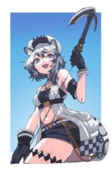  animal_ears arknights bandeau belt black_bandeau black_gloves black_shorts blue_sky book border cabbie_hat cliffheart_(arknights) coat commentary_request female gloves grey_eyes grey_hair hat highres holding hook jewelry looking_at_viewer material_growth necklace open_clothes open_coat open_mouth oripathy_lesion_(arknights) shima_(wideshi_ma) short_hair shorts sky smile snow_leopard_ears snow_leopard_girl snow_leopard_tail solo tail white_belt white_coat white_hat 