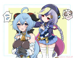  2girls ahoge bare_shoulders bead_necklace beads bell blue_hair blush bodystocking braid breasts cowbell detached_sleeves dress ganyu_(genshin_impact) genshin_impact gloves goat_horns hachimitsu_hinako hair_ornament hat horns jewelry jiangshi long_hair long_sleeves looking_at_viewer medium_breasts multiple_girls necklace ofuda open_mouth purple_eyes purple_hair purple_headwear qingdai_guanmao qiqi_(genshin_impact) thighhighs vision_(genshin_impact) white_legwear 