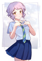  blue_shirt blue_skirt blush expressionless female heart heart_hands highres idolmaster idolmaster_million_live! koori_(superumaice) looking_at_viewer makabe_mizuki necktie open_mouth pleated_skirt polka_dot polka_dot_background purple_hair shirt short_bangs short_hair short_sleeves sidelocks simple_background skirt solo wavy_hair wing_collar yellow_eyes 